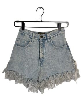 Vintage Patty Acid Wash Lace-Up Denim Shorts Trim Ruffle